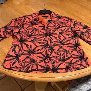 SilkLand Vibrant Orange and Black Leaf Print Blouse